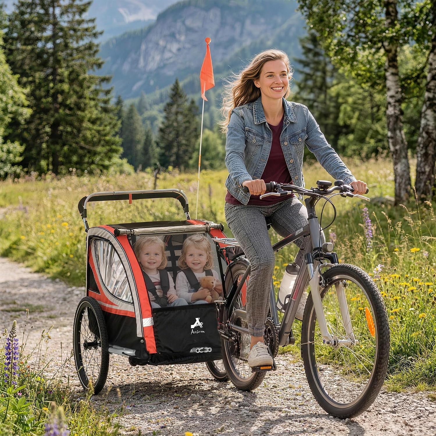 Aosom 3-in-1 Walk/Jog/Ride Child Baby Bike Trailer for Kids 2 Seater, High-Visibility Bike Stroller for Toddler Wagon, Weather-Strong Double Bicycle Trailer Accessory