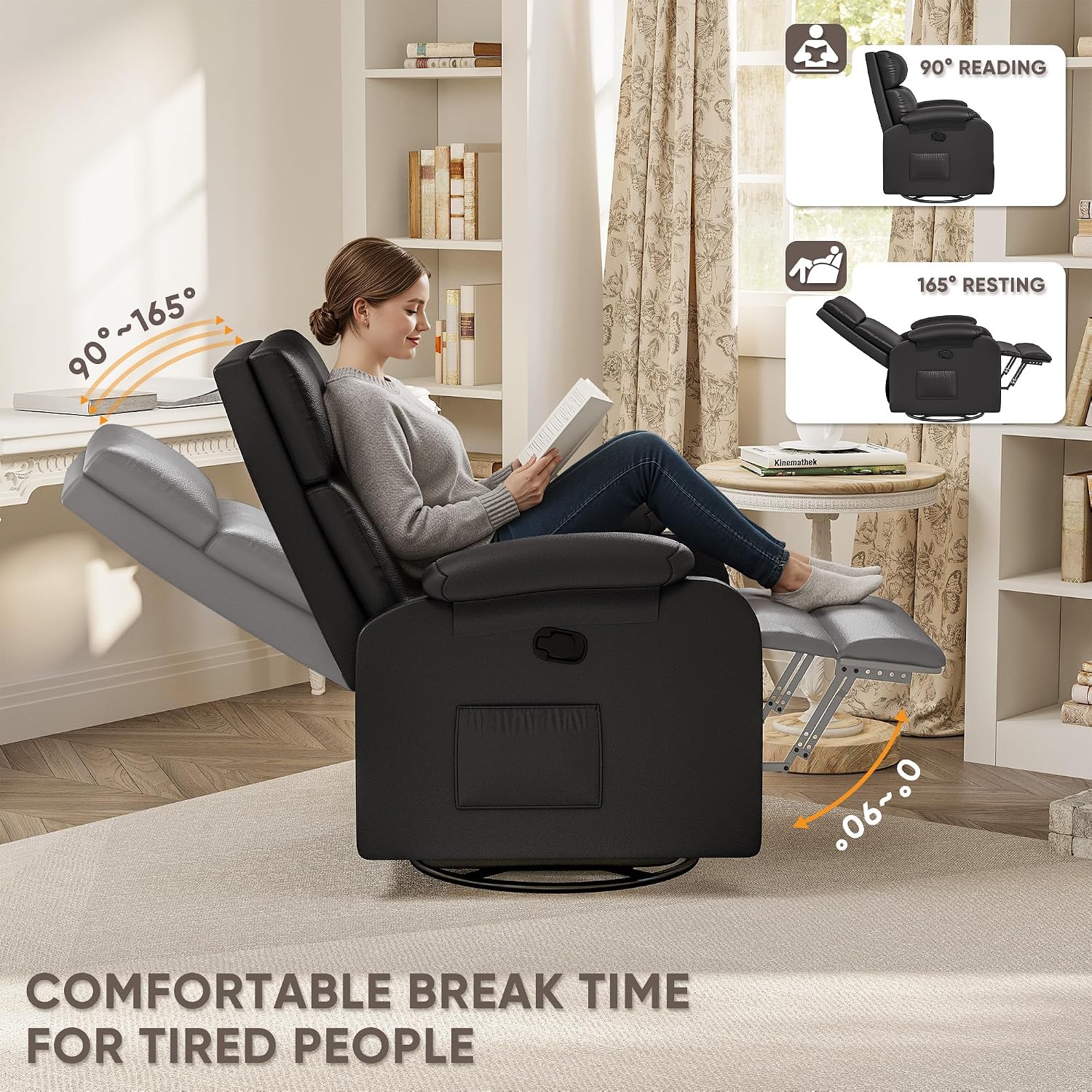 Homall Recliner Chair, 360 Swivel Rocking Chair for Adults, Massage Nursery Chair with Adjustable Backrest and Footrest, PU Leather Glider Rocker Recliners with Side Pocket for Living Room (Black)