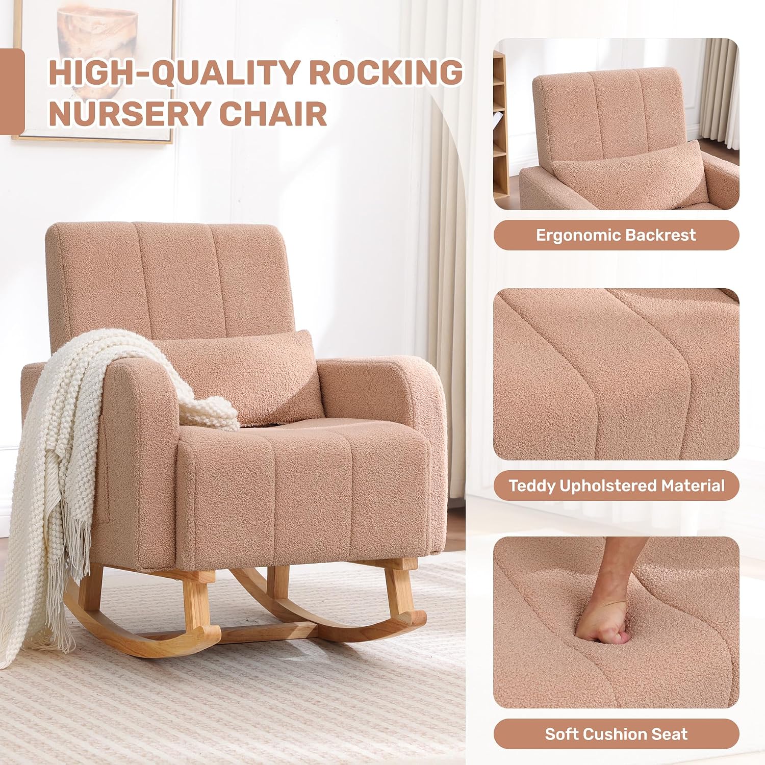 HCHAIRH Rocking Nursery Chair with Ottoman, Upholstered Glider Rocker with Side Pocket, Comfy Reading Chair with Solid Wood Legs for Nursery, Living Room,Bedroom, Coffee