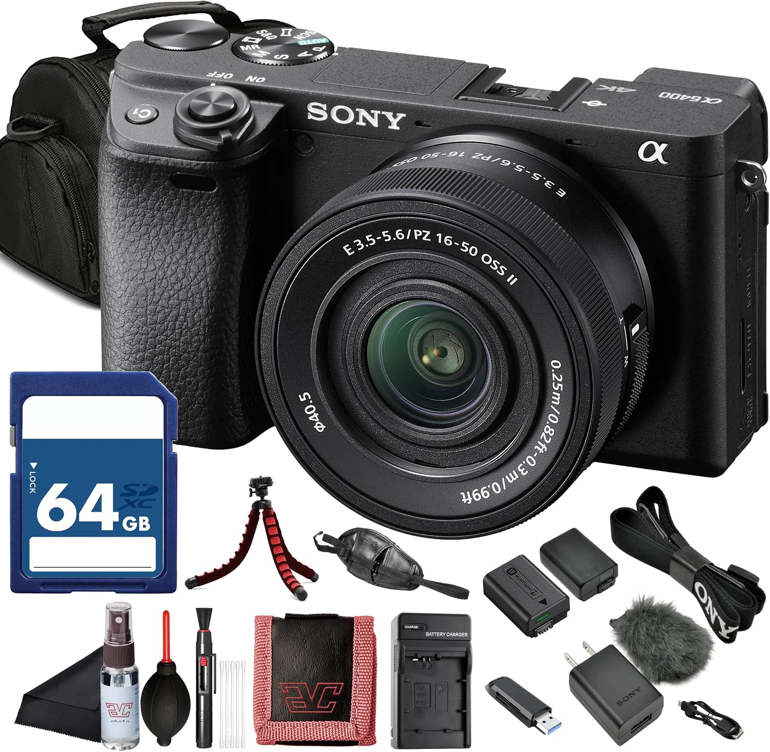 Sony Alpha a6400 Mirrorless Digital Camera with 16–50mm Power Zoom Lens (ILCE-6400L/B) – 24.2 MP APS-C, 4K Video, Real-Time Eye AF + 64GB Memory Card + NP-FW50 Battery and More