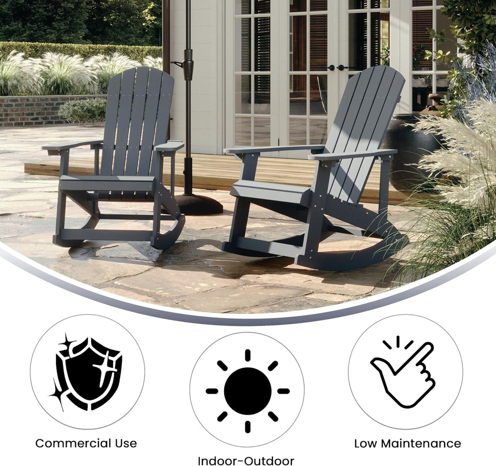 Flash Furniture Savannah All Weather Adirondack Rocking Chairs, Polyresin Wood Adirondack Chair with 350-lb. Static Weight Capacity, Set of 2, Gray