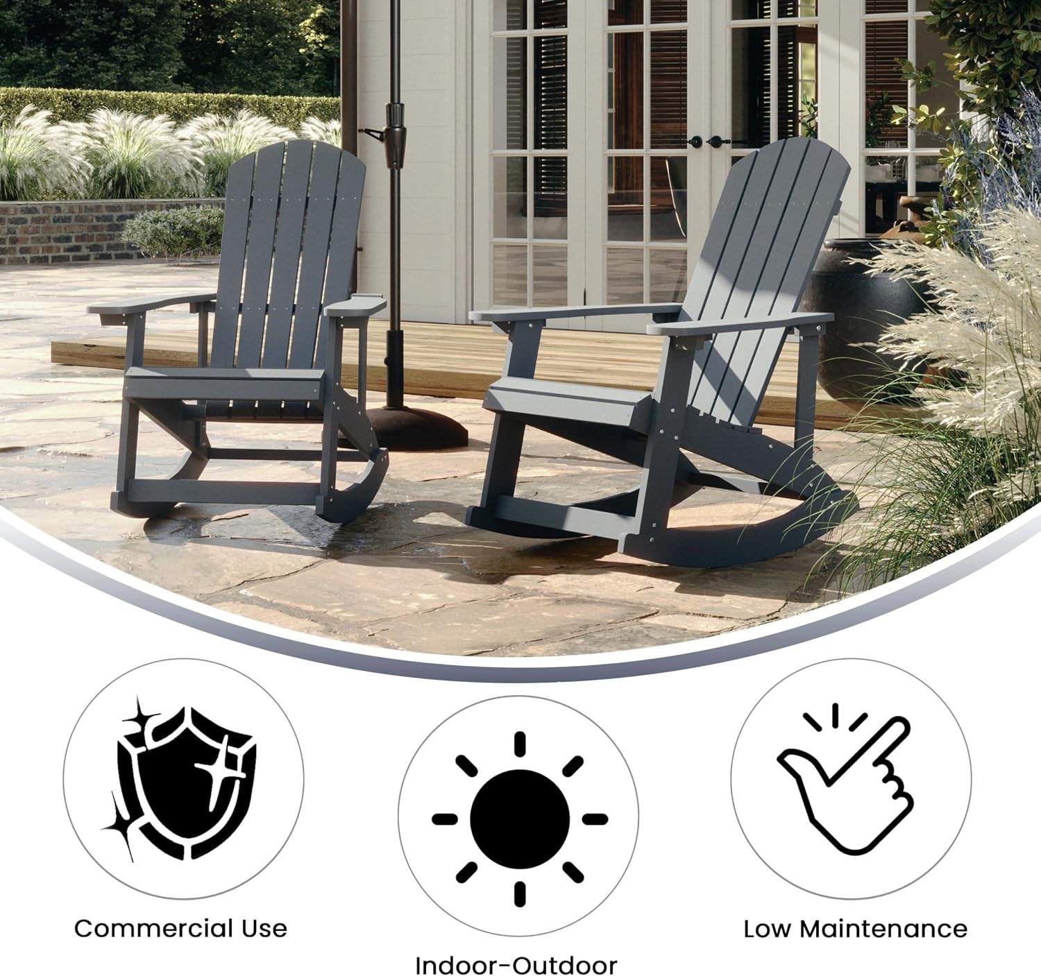 Flash Furniture Savannah All Weather Adirondack Rocking Chairs, Polyresin Wood Adirondack Chair with 350-lb. Static Weight Capacity, Set of 2, Gray