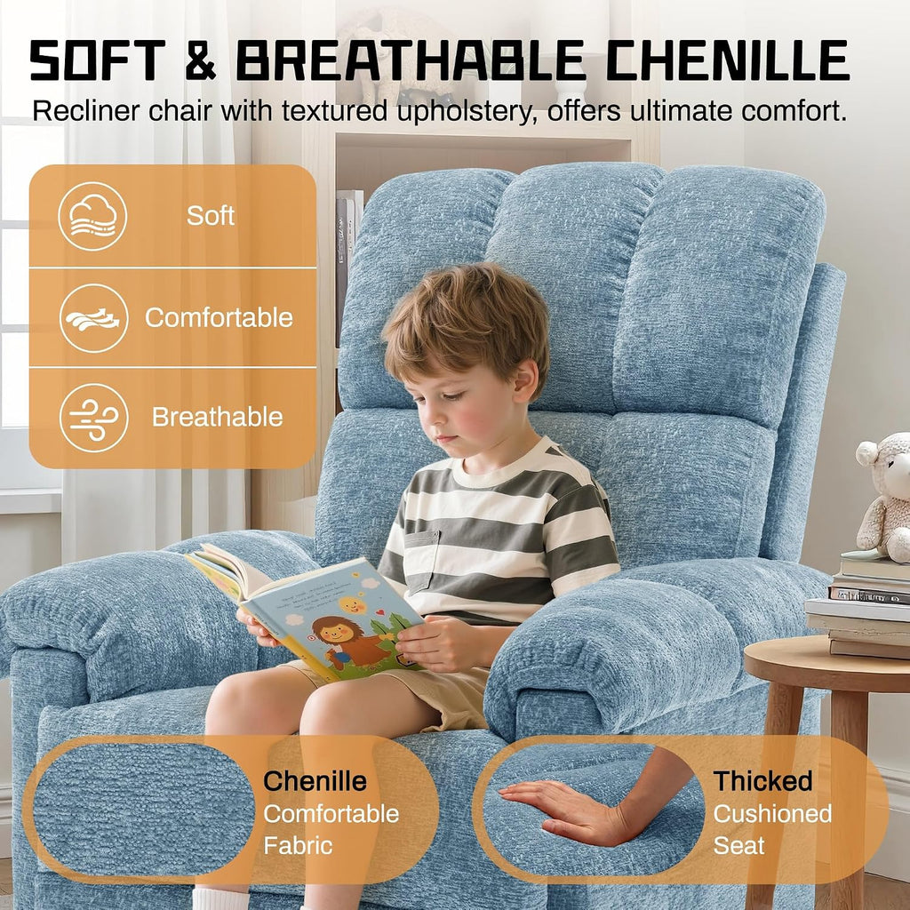 Korser Recliner Chair, Swivel Rocker Recliner Chair for Adults, Small Recliners for Small Spaces, Manual Recliner Chair with Side Pockets, Nursery Rocking Chair for Living Room, Chenille, Airy Blue