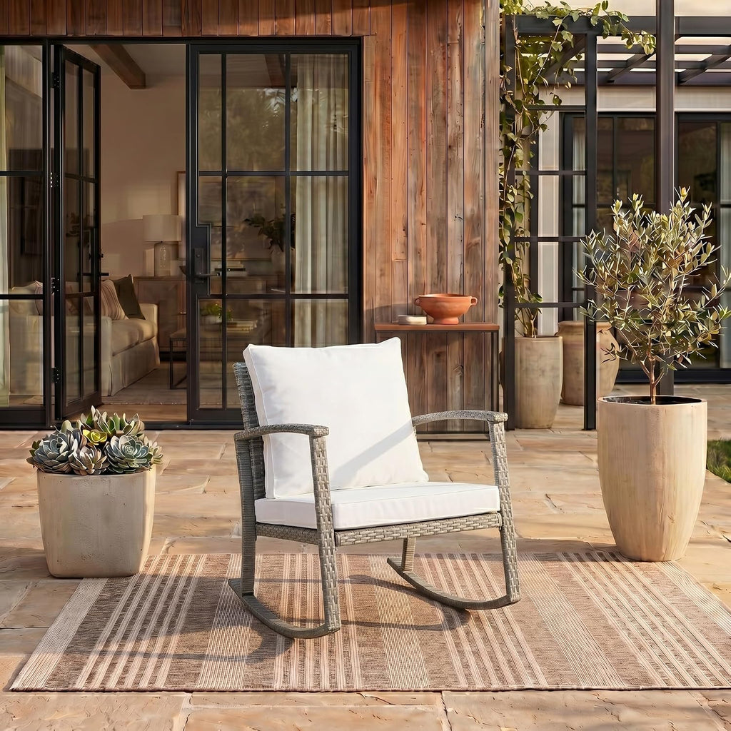 SAFAVIEH Outdoor - Daire Rocking Chair - Grey Brown & White - Steel Frame & Faux Rattan with Cushion - Open-Frame Design - Ideal for Patio, Deck, Porch, Backyard, 14.4' Seat Height (PAT7721C)