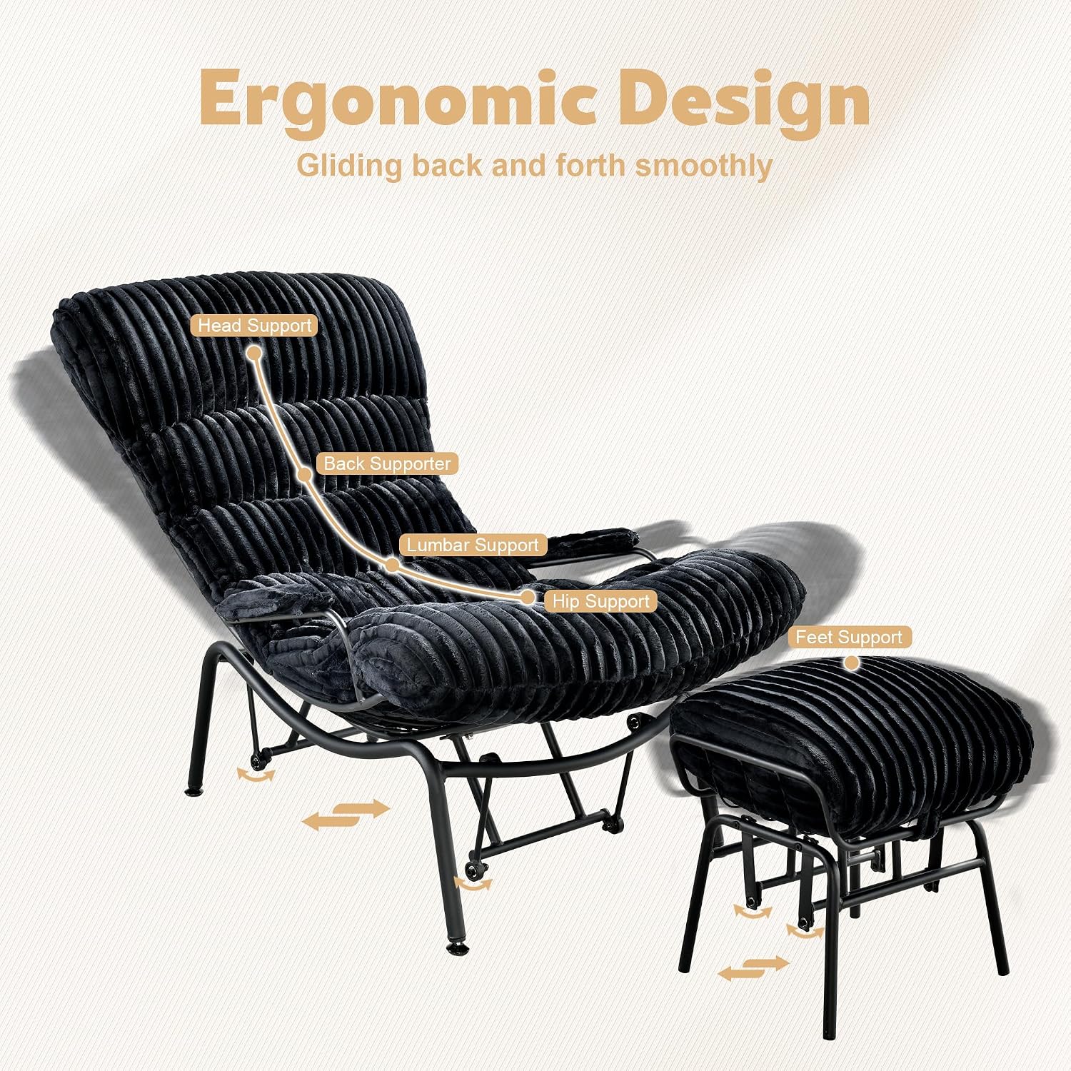 ovios Glider Rocking Chair with Ottoman, Mid-Century Modern Recliner Chair with Footrest, Comfy Gliding Rocker Lazy Accent Armchair for Living Room Bedroom, Cloud Plush Corduroy, Black