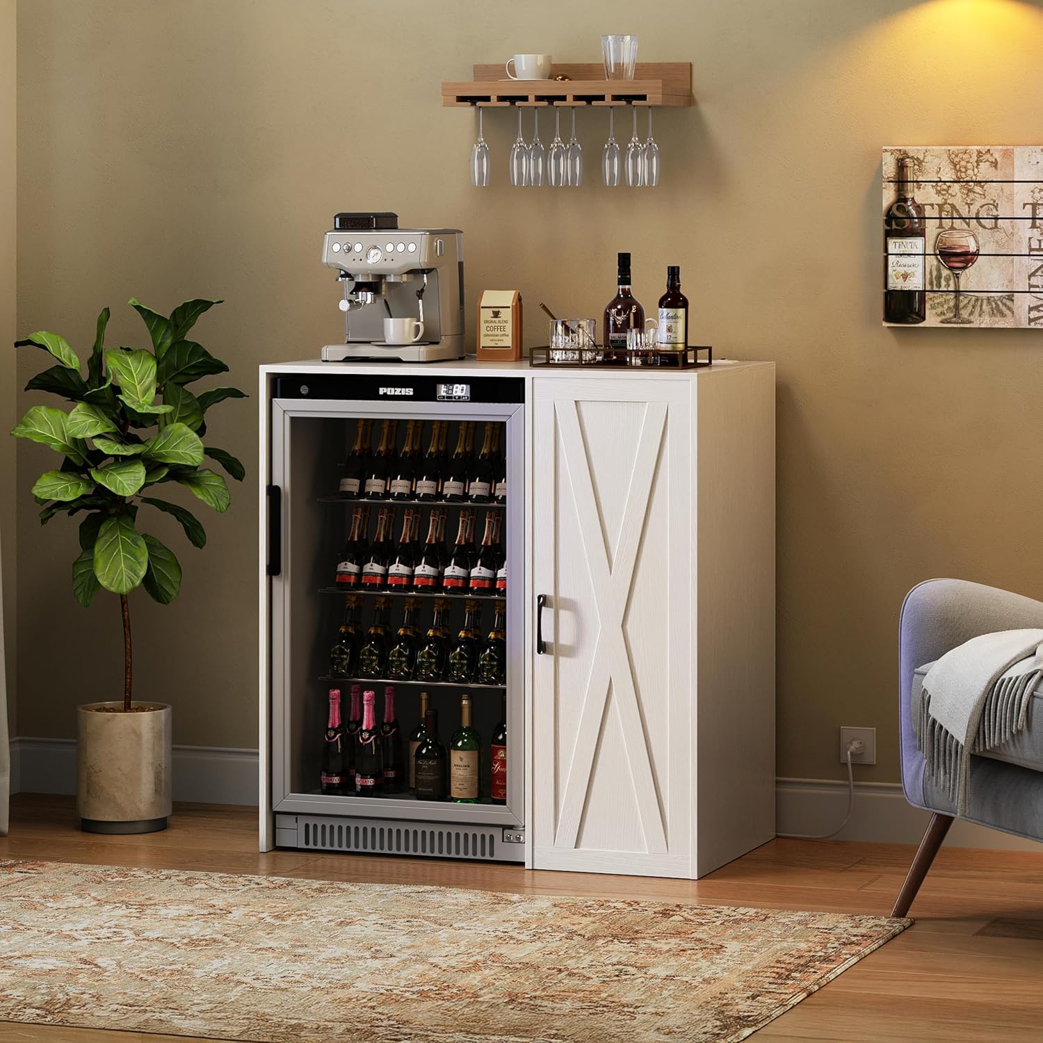 Herture Mini Fridge Cabinet with Storage, Coffee Bar Cabinet with Power Outlet, Fits 24' Wine Fridge, 3-Tier Organizer, Refrigerator Stand for Kitchen, Apartment, or Home Bar White KH01MRW