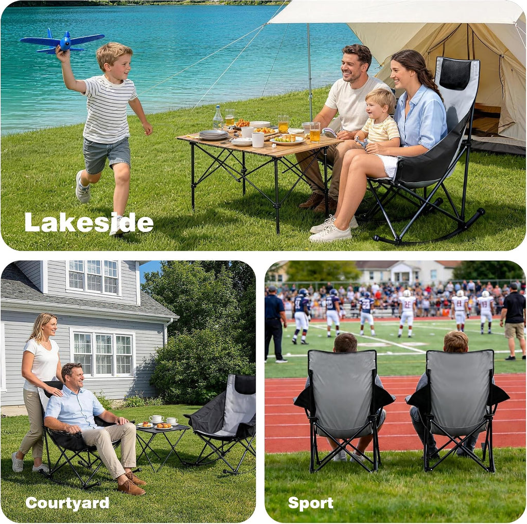 SUNNYFEEL Oversized Rocking Camping Chair 2 Pack, Fully Padded Patio Chair with Side Pocket, High Back Portable Lawn Recliner with Carry Bag, Outdoor Rocker Camp Chairs for Adults Heavy Duty 500 LBS