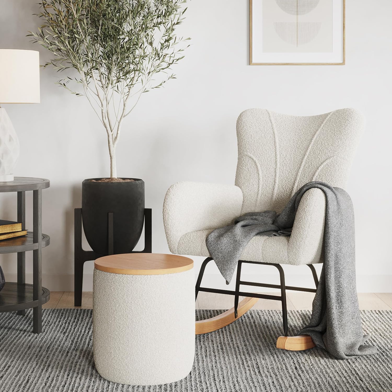 Rocking Chair - Teddy Fabric Upholstered Chair with Padded Seat and Contoured Armrests - Ergonomic Modern Rocker for Bedroom by Lavish Home (Cream)