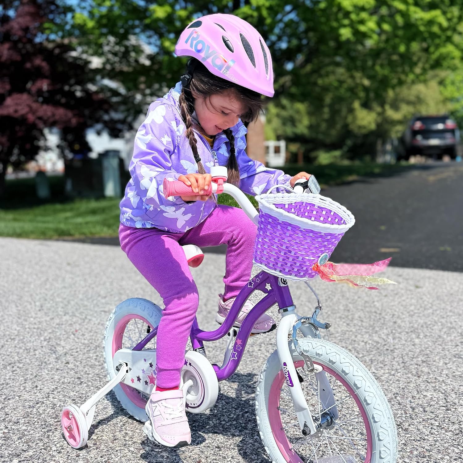 RoyalBaby Stargirl 12 Inch Kids Outdoor Bicycle with Accessory Basket, Bell, Thick Wheels, and Safety Training Wheels for Ages 2-4, Purple