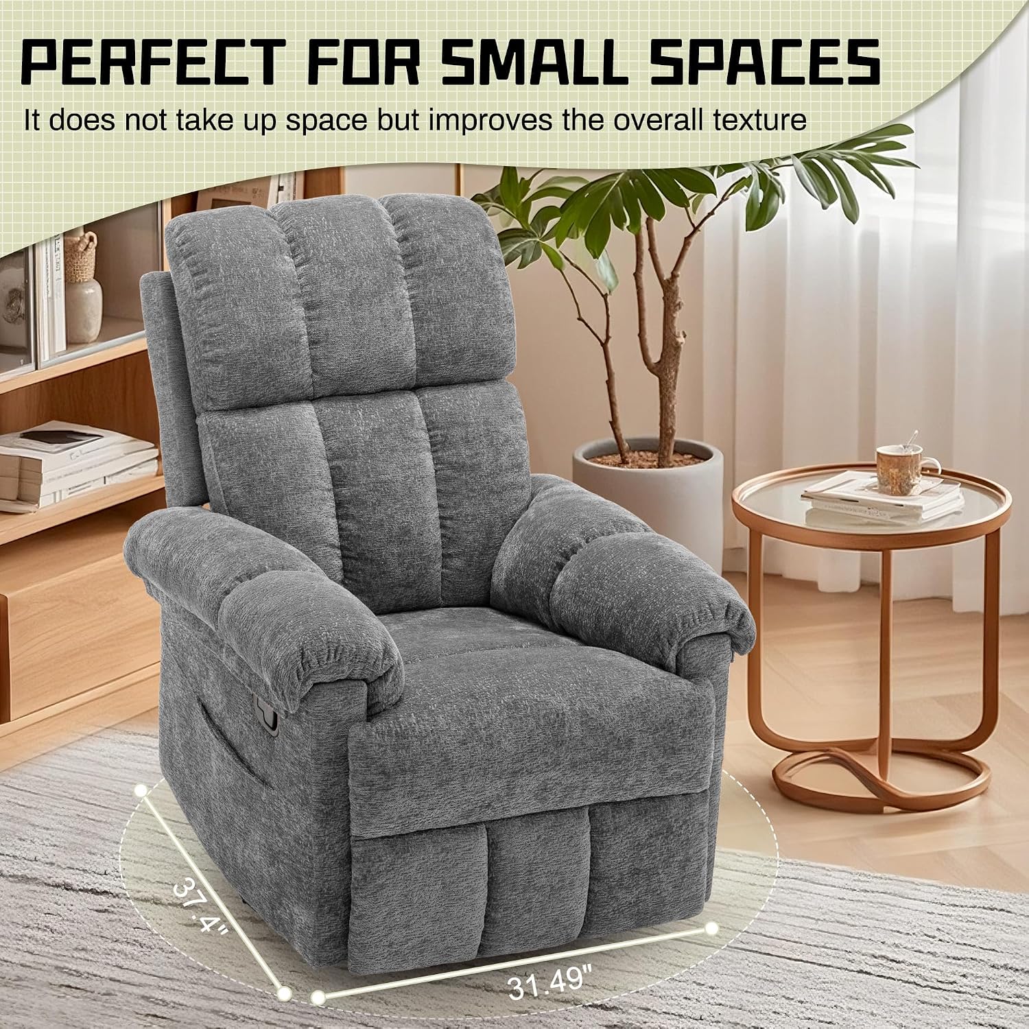 Korser Recliner Chair, Swivel Rocker Recliner Chair for Adults, Small Recliners for Small Spaces, Manual Recliner with Side Pockets, Upholstered Nursery Rocking Chair for Living Room, Chenille, Grey