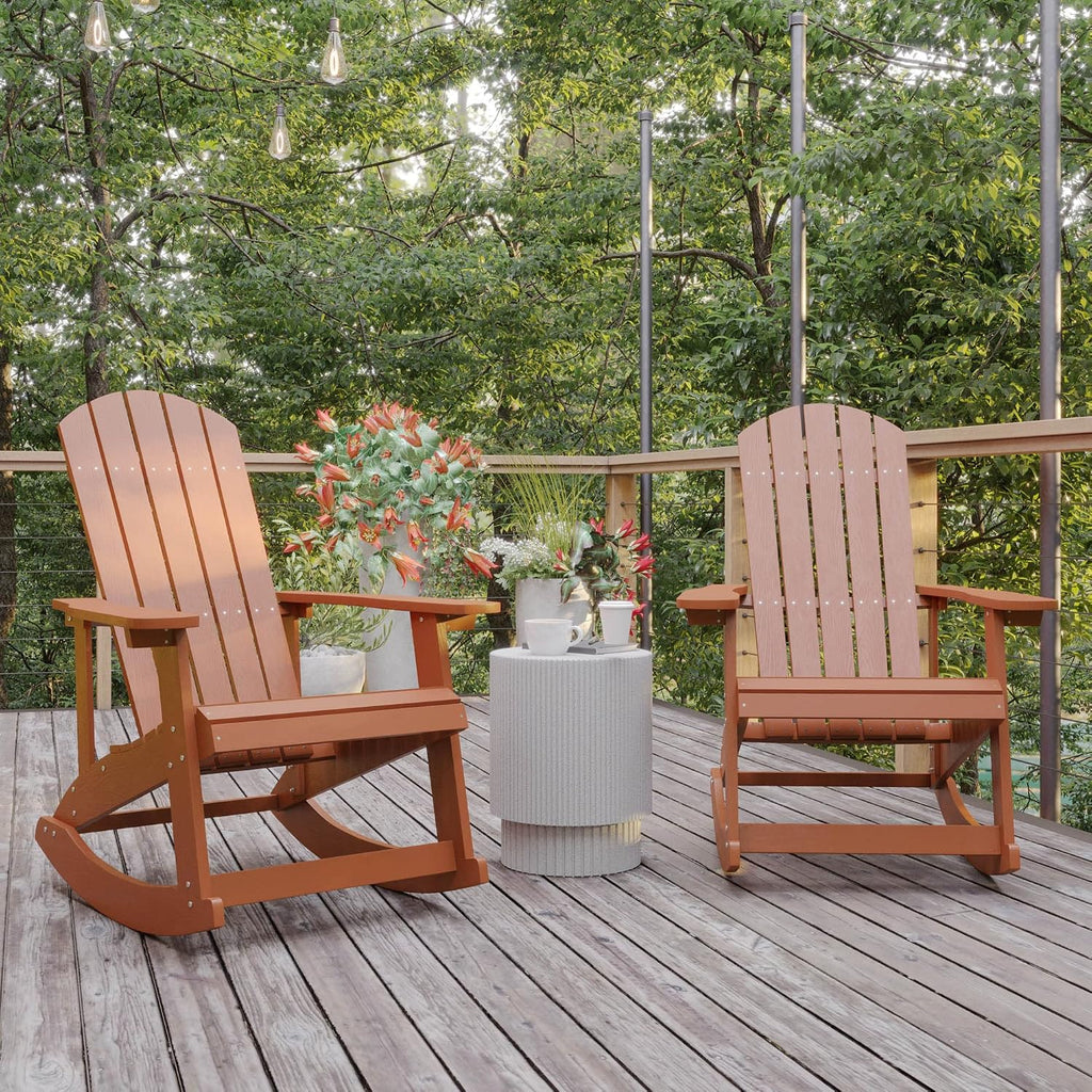 Flash Furniture Savannah Poly Resin Wood Adirondack Rocking Chair - All Weather Red Polystyrene - Stainless Steel Hardware - Set of 2