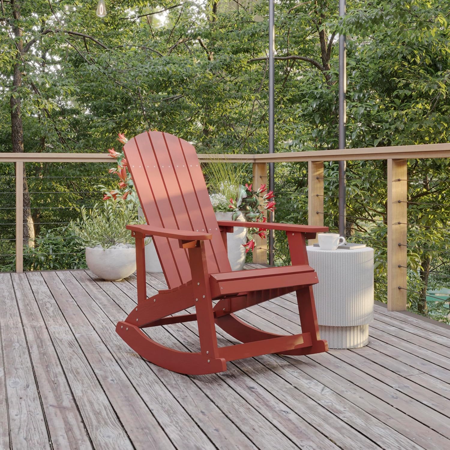 Flash Furniture Savannah Poly Resin Wood Adirondack Rocking Chair - All Weather Red Polystyrene - Stainless Steel Hardware