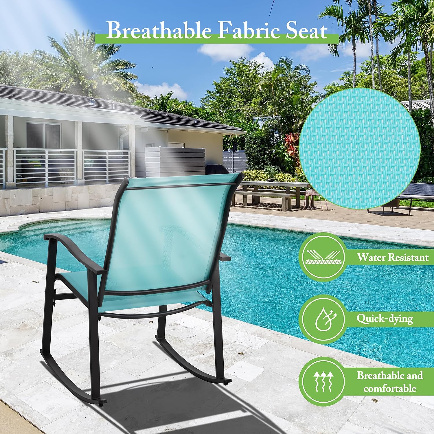 Shintenchi 3 Piece Rocking Bistro Set, Outdoor Furniture with Rocker Chairs and Glass Coffee Table Set of 3, Balcony, Porch Furniture for Small Space, Blue