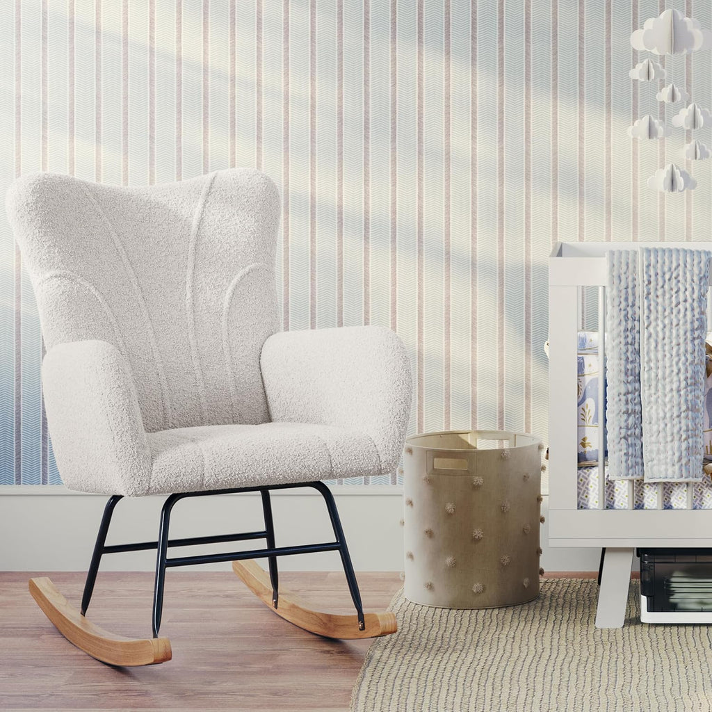 Rocking Chair - Teddy Fabric Upholstered Chair with Padded Seat and Contoured Armrests - Ergonomic Modern Rocker for Bedroom by Lavish Home (Cream)