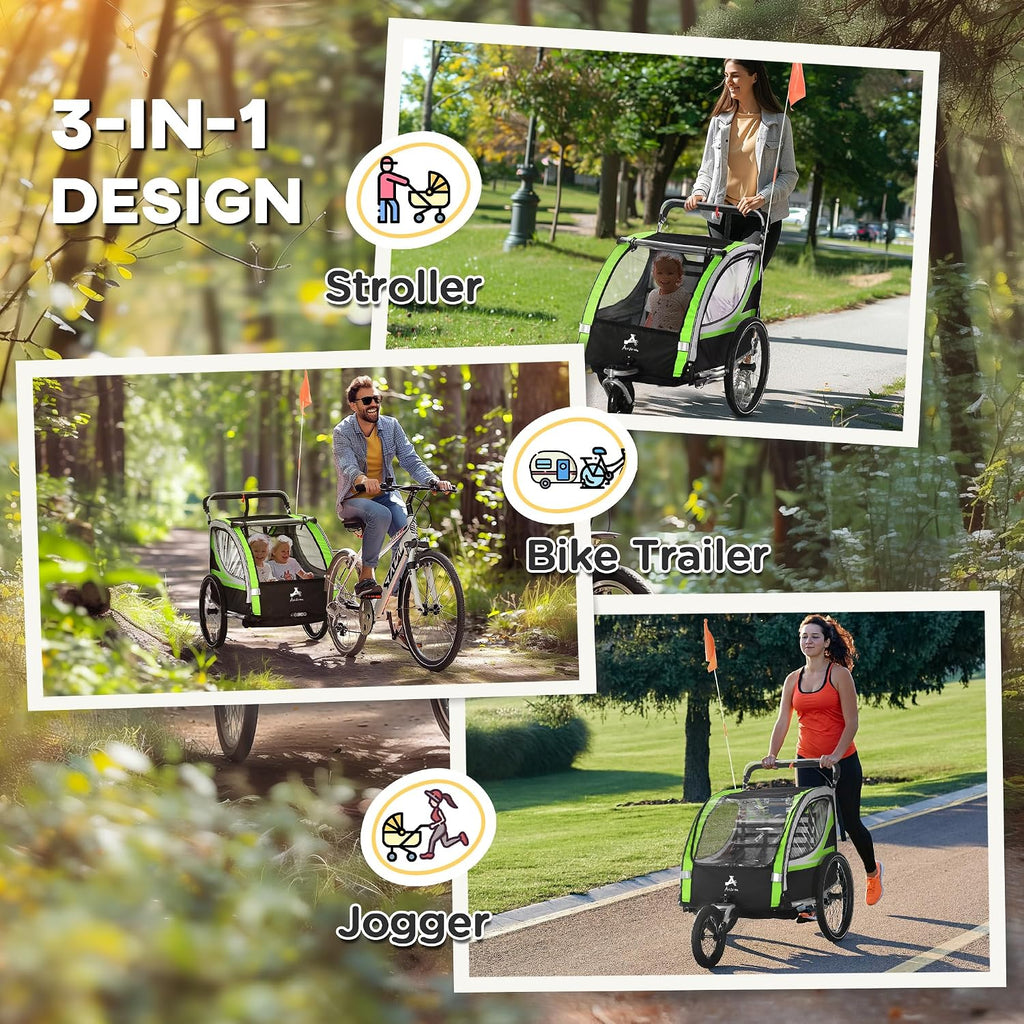 Aosom 3-in-1 Walk/Jog/Ride Child Baby Bike Trailer for Kids 2 Seater, High-Visibility Bike Stroller for Toddler Wagon, Weather-Strong Double Bicycle Trailer Accessory