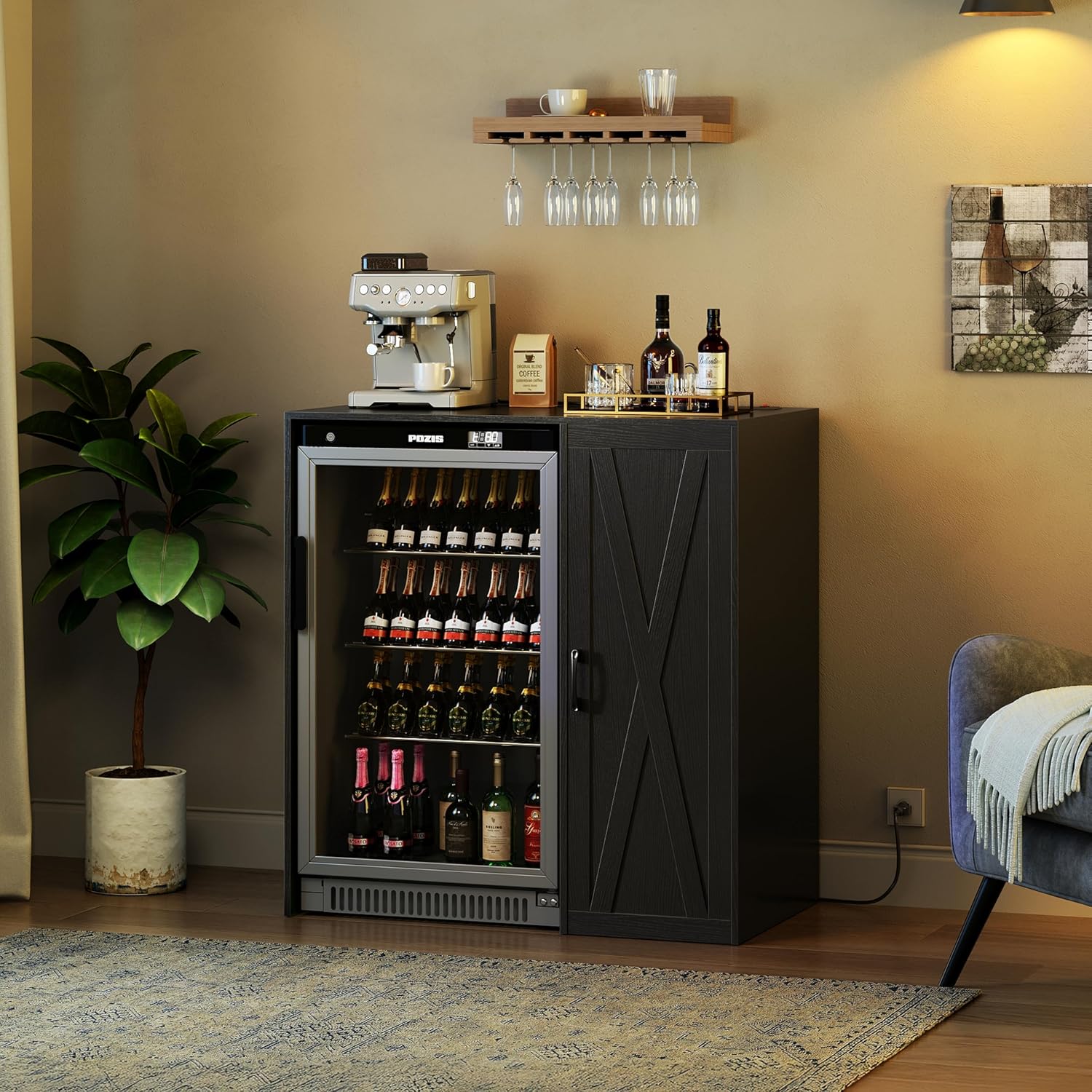 Herture Mini Fridge Cabinet with Storage, Coffee Bar Cabinet with Power Outlet, Fits 24' Wine Fridge, 3-Tier Organizer, Refrigerator Stand for Kitchen, Apartment, or Home Bar Black KH01MRB