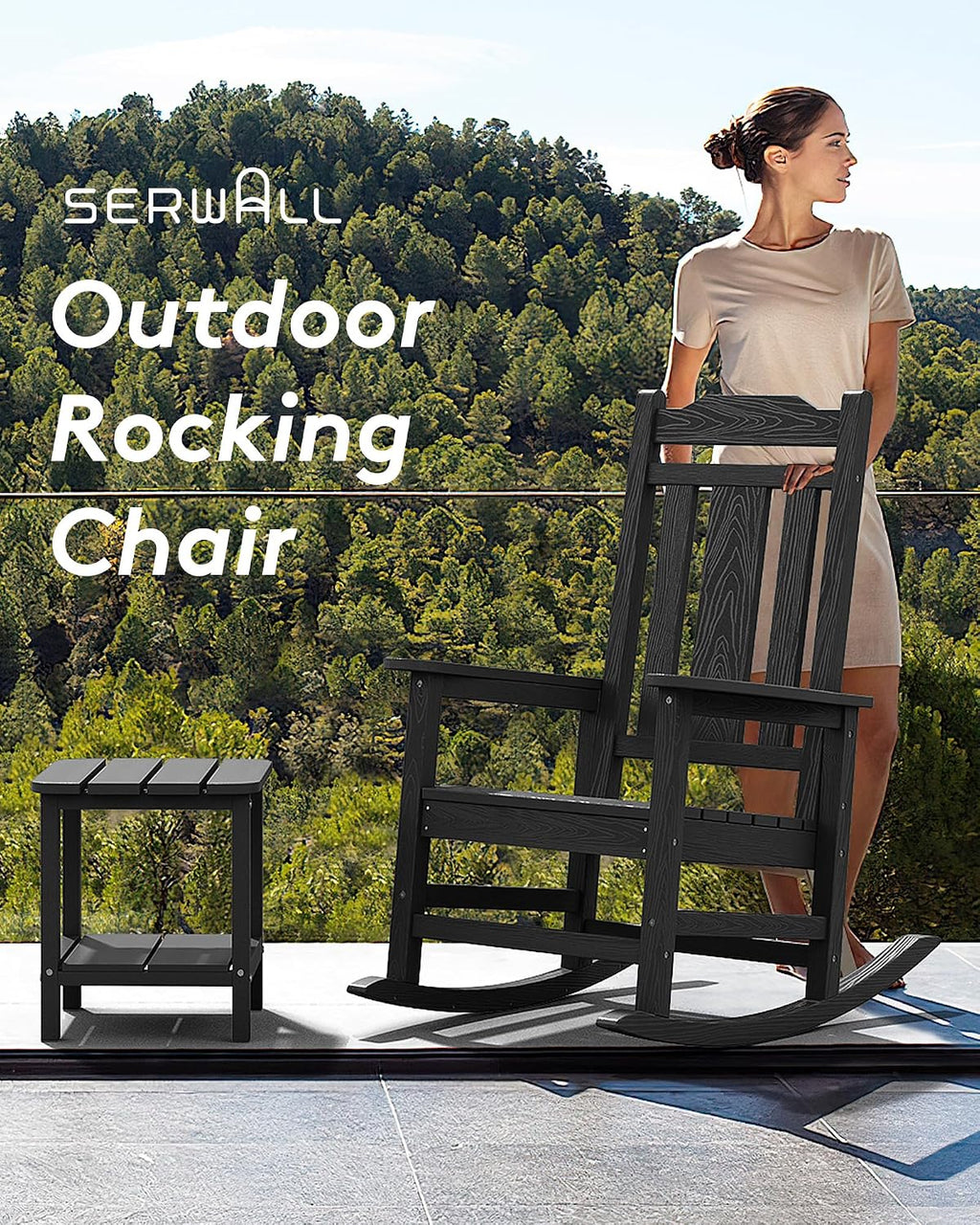SERWALL Oversized Rocking Chair, HDPE Outdoor Rocking Chairs Set of 4, Patio Rocking Chair Sets for Adults, Black