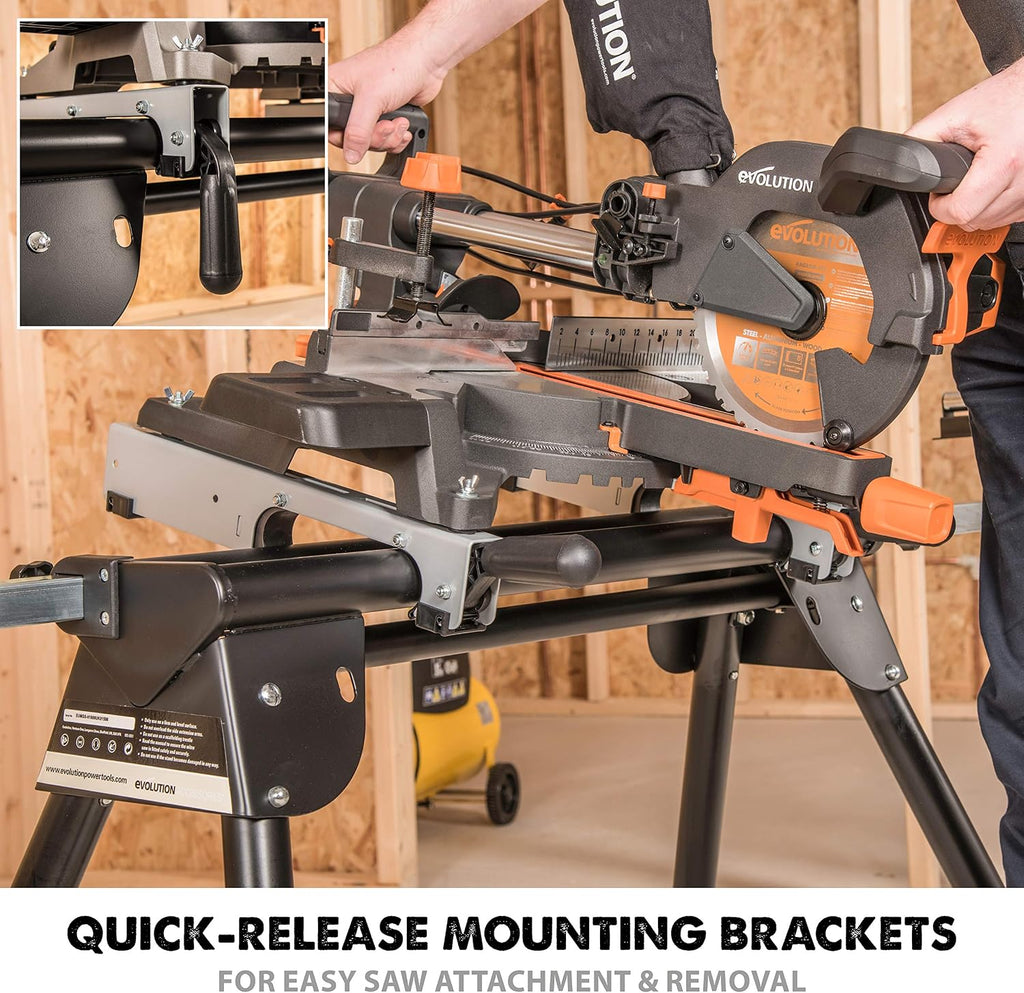 Evolution Power Tools EVOMS1 Miter Saw Stand Compact & Folding, Universal Fits Most Brands, Quick Release Mounting Brackets, Rollers, End Stops for Repeat Cutting , Black