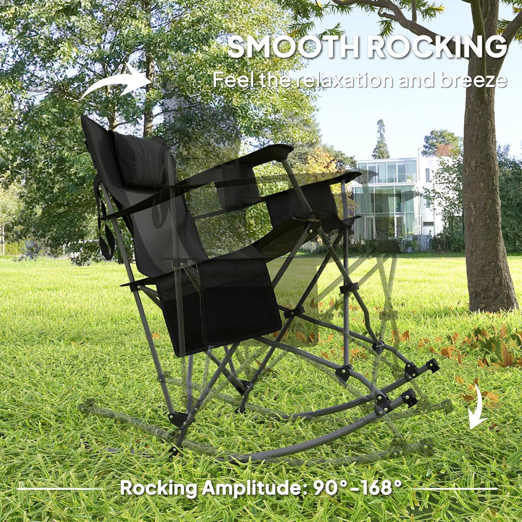 Outsunny Folding Rocking Camping Chairs for Adults, Portable Outdoor Rocking Chairs with Headrest, Cooler Bag, Cup Holder, Carry Bag for Picnic Outside and Outdoor Travel, 2 Pack, Black