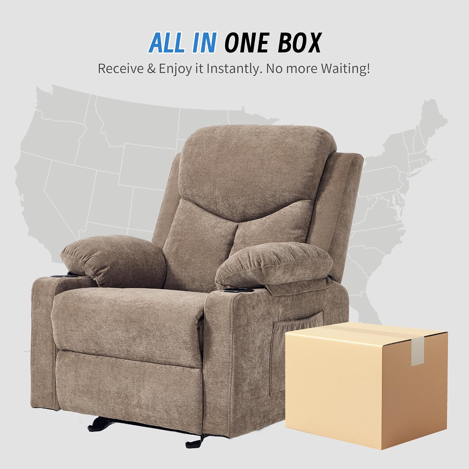 Manual Rocker Recliner Chair for Adults with Vibration Massage,Glider Rocking Recliner for Living Room Bedroom Nursery, Overstuffed Reclining Sofa Chair with Pockets and Cup Holds,Coffee