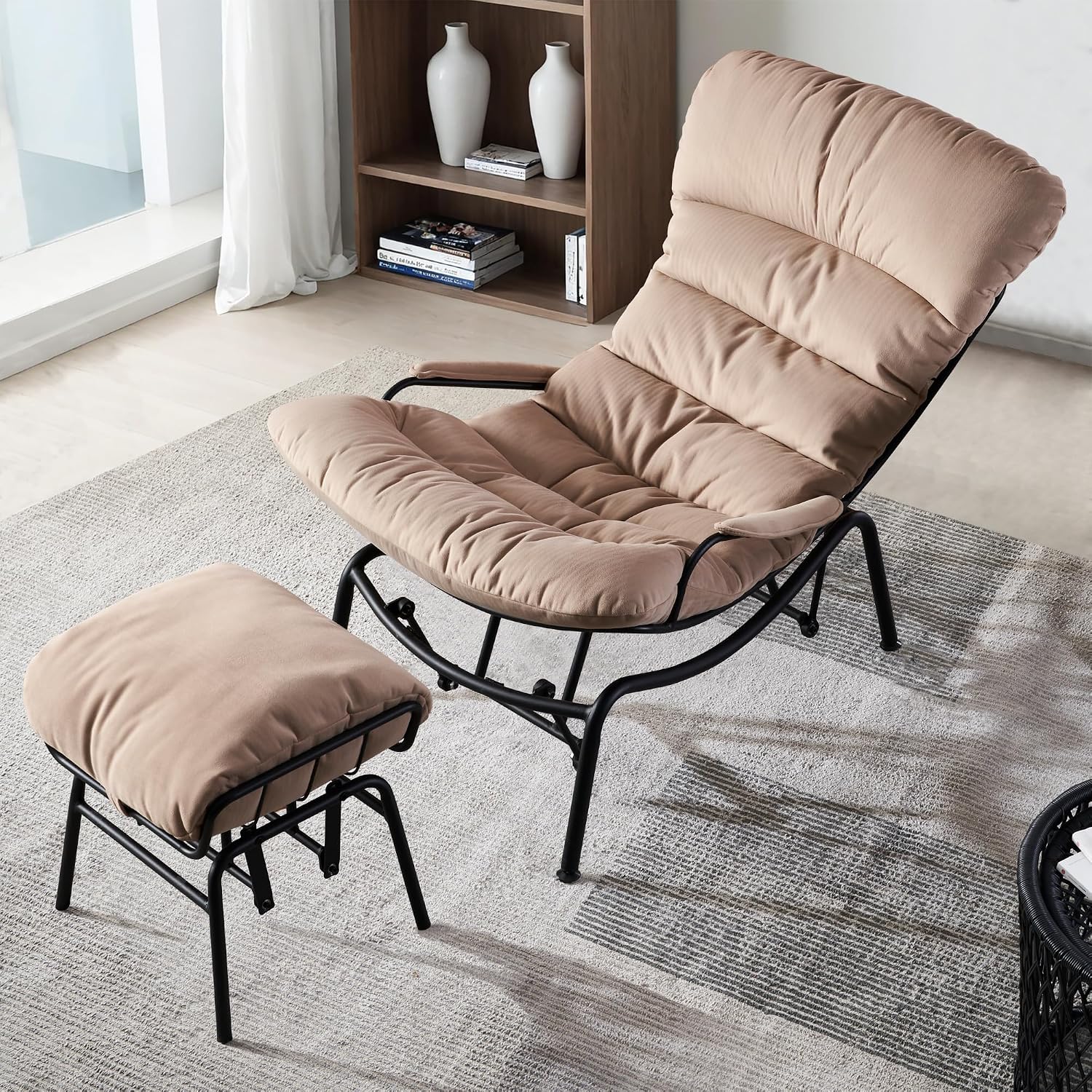 ovios Glider Rocking Chair with Ottoman, Mid-Century Modern Recliner Chair with Footrest, Comfy Gliding Rocker Lazy Accent Armchair for Living Room Bedroom, Cloud Flannel Velvet, Beige