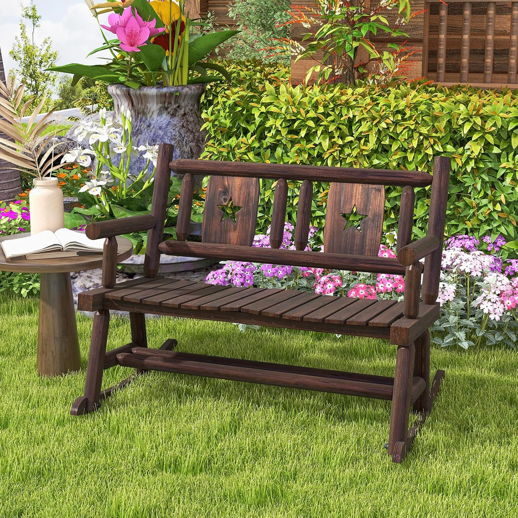 Giantex Outdoor Rocking Bench, Patio Loveseat Rocker for 2 w/Ergonomic Back & Log Arms, Carbonized Fir Wood Frame, Wooden Double Rocking Chair for Porch, Garden, 710 LB Capacity, Rustic Brown