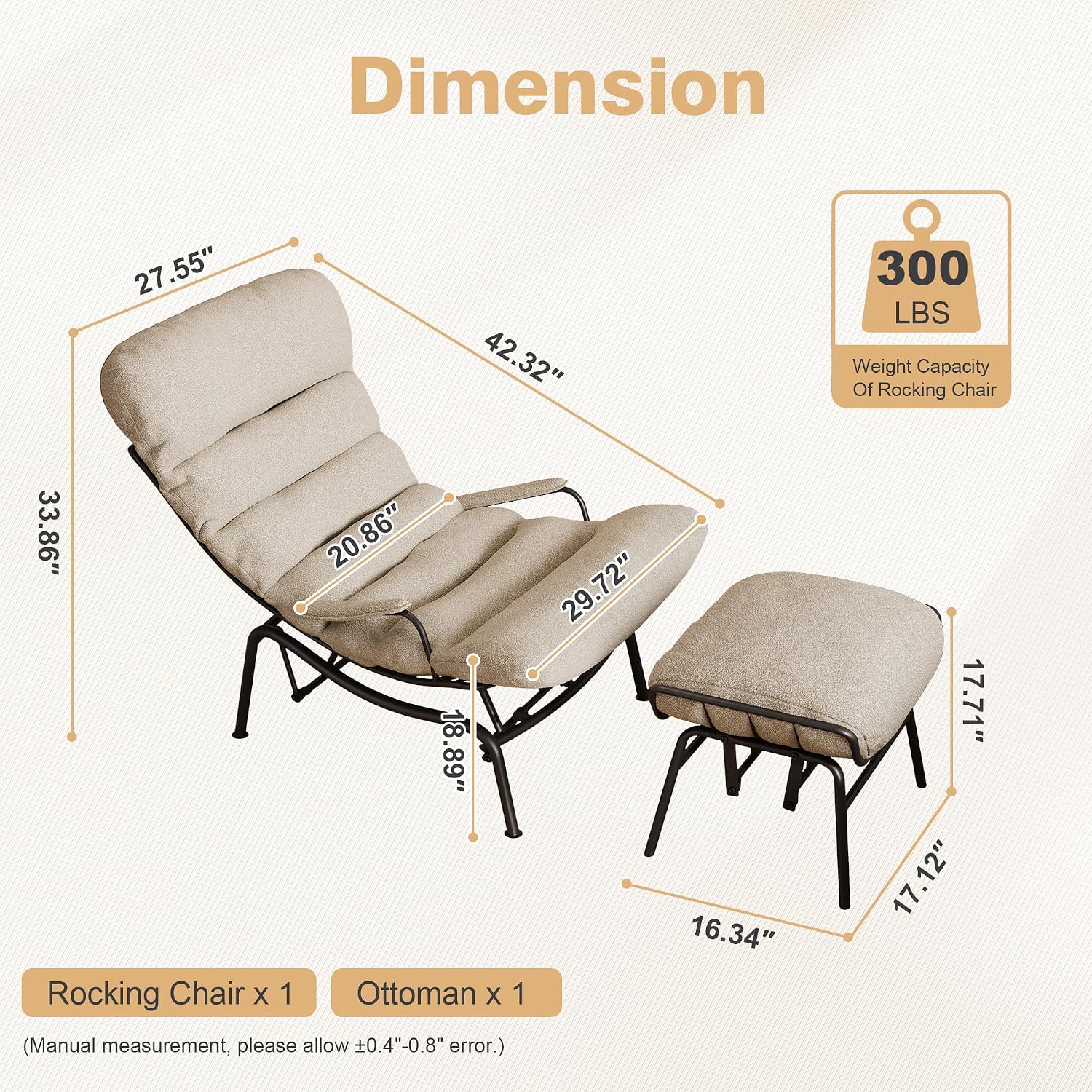ovios Glider Rocking Chair with Ottoman, Mid-Century Modern Recliner Chair with Footrest, Comfy Gliding Rocker Lazy Accent Armchair for Living Room Bedroom, Cloud Plush Velvet, Beige