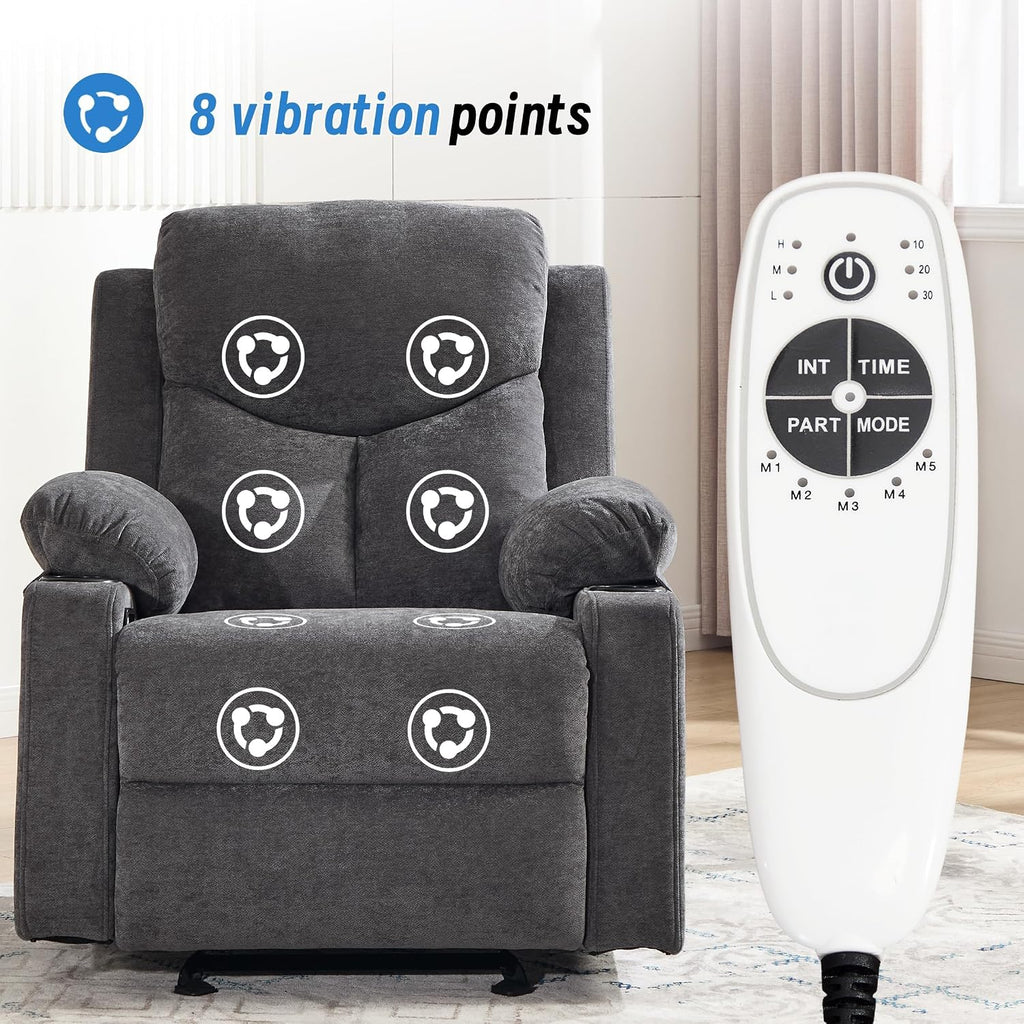 Manual Rocker Recliner Chair for Adults with Vibration Massage,Glider Rocking Recliner for Living Room Bedroom Nursery, Overstuffed Reclining Sofa Chair with Pockets and Cup Holds,Dark Grey