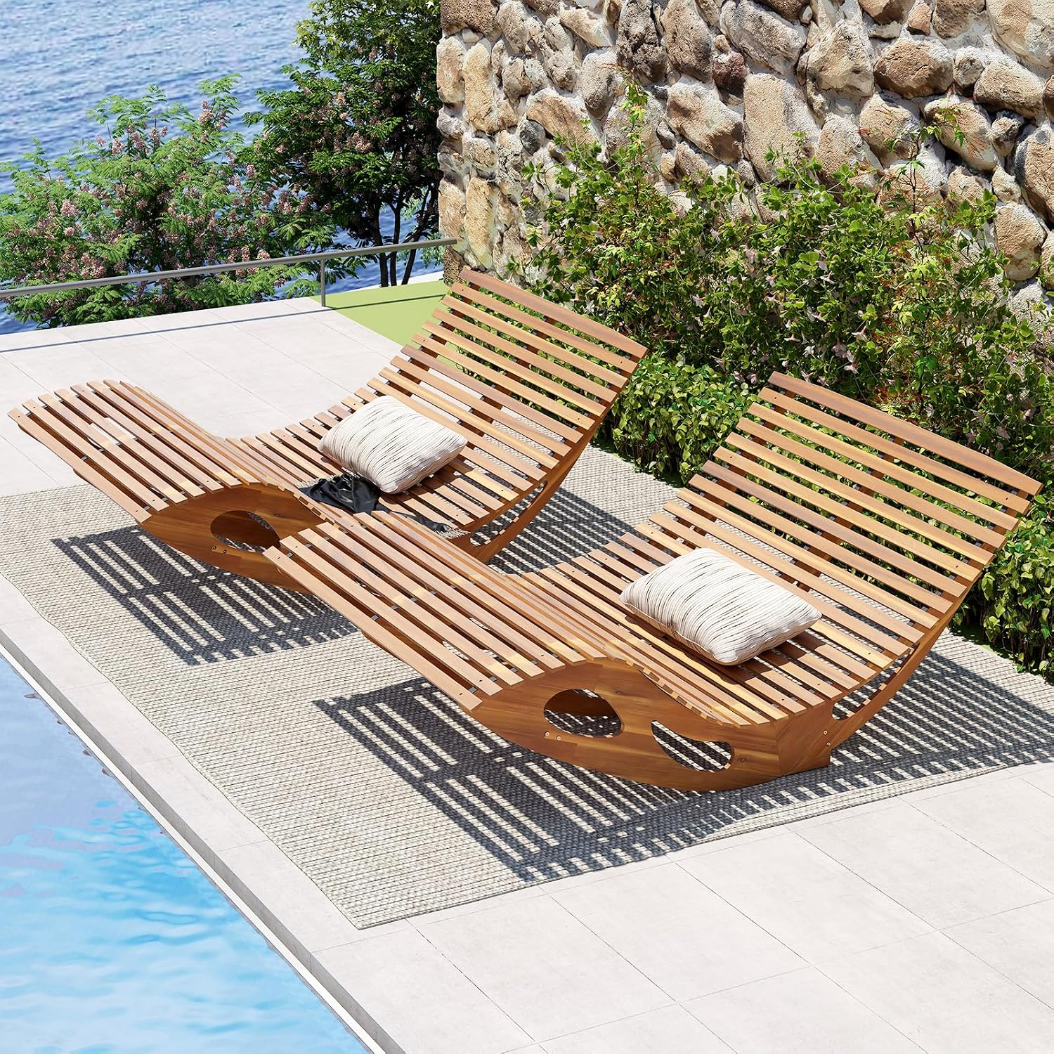 Giantex Extra-Large Dual Outdoor Rocking Chair, 2 Pack Acacia Wood Patio Lounge Chair with Ergonomic Curved & Slatted Seat, Bottom Stopper, 63'x47'x26' Lounger, 2-Person Loveseat, Rocker for Porch