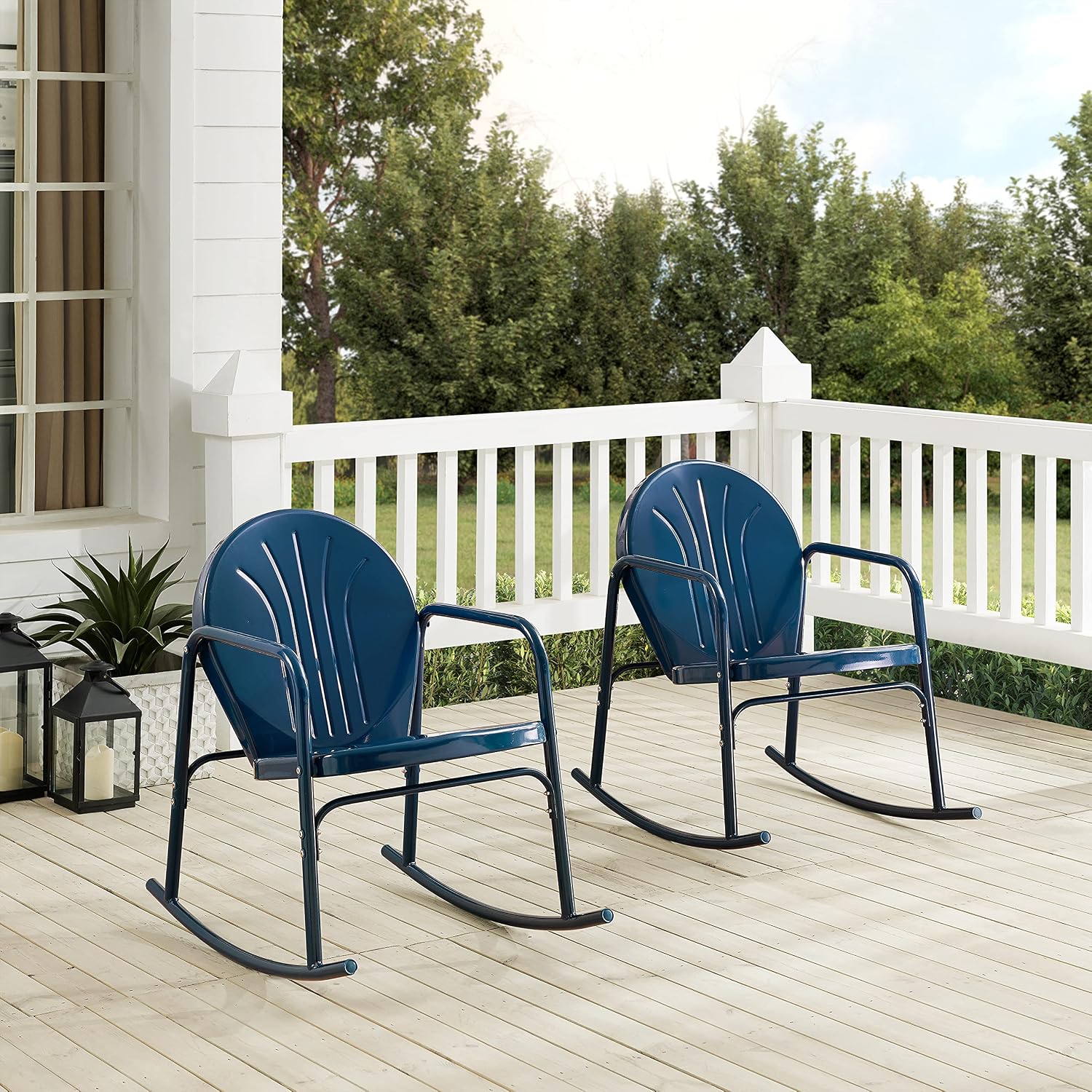 Crosley Furniture Griffith Retro Metal Outdoor Rocking Chairs, Set of 2, for Porch, Deck, Balcony, Backyard, Navy Gloss