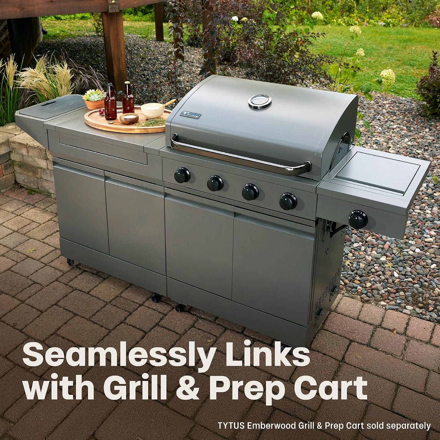 TYTUS Anaheim 5-Burner Propane Gas Grill Outdoor Cooking with Cover, 48,000 BTU Grill & 12,000 BTU Side Burner, 721 sq. in. Cooking Area, Enclosed Storage, Porcelain-Enameled Cast Iron Grates