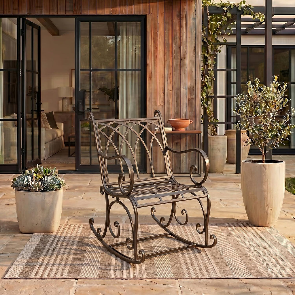 SAFAVIEH Outdoor - Medrano Iron Rocking Chair - Rustic Brown Iron Metal - Vintage Ornate Scrollwork Design - Ideal for Patio, Deck, Porch, Garden, 15' Seat Height (PAT5030B)
