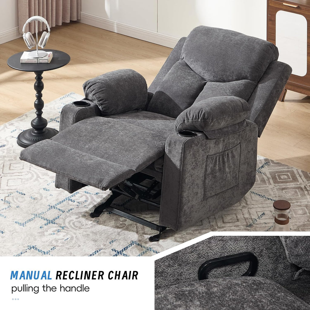 Manual Rocker Recliner Chair for Adults with Vibration Massage,Glider Rocking Recliner for Living Room Bedroom Nursery, Overstuffed Reclining Sofa Chair with Pockets and Cup Holds,Dark Grey