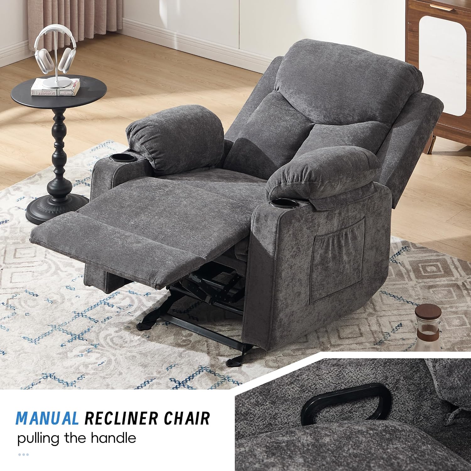 Manual Rocker Recliner Chair for Adults with Vibration Massage,Glider Rocking Recliner for Living Room Bedroom Nursery, Overstuffed Reclining Sofa Chair with Pockets and Cup Holds,Dark Grey