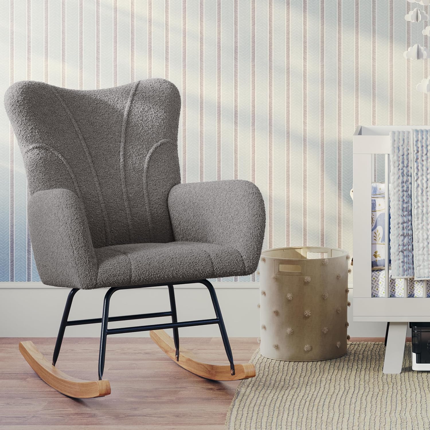 Rocking Chair - Teddy Fabric Upholstered Chair with Padded Seat and Contoured Armrests - Ergonomic Modern Rocker for Bedroom by Lavish Home (Gray)