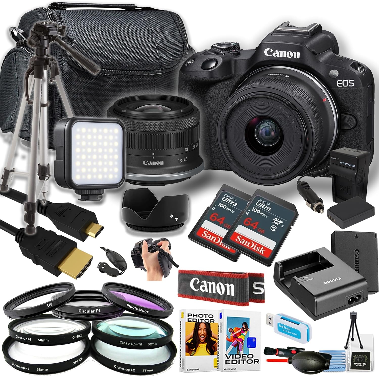 Canon EOS R50 Mirrorless Camera w/18-45mm Lens + 2pc Sandisk 64GB Ultra Memory Card + Tripod + Camera Case + More (21pc Bundle) (Renewed)