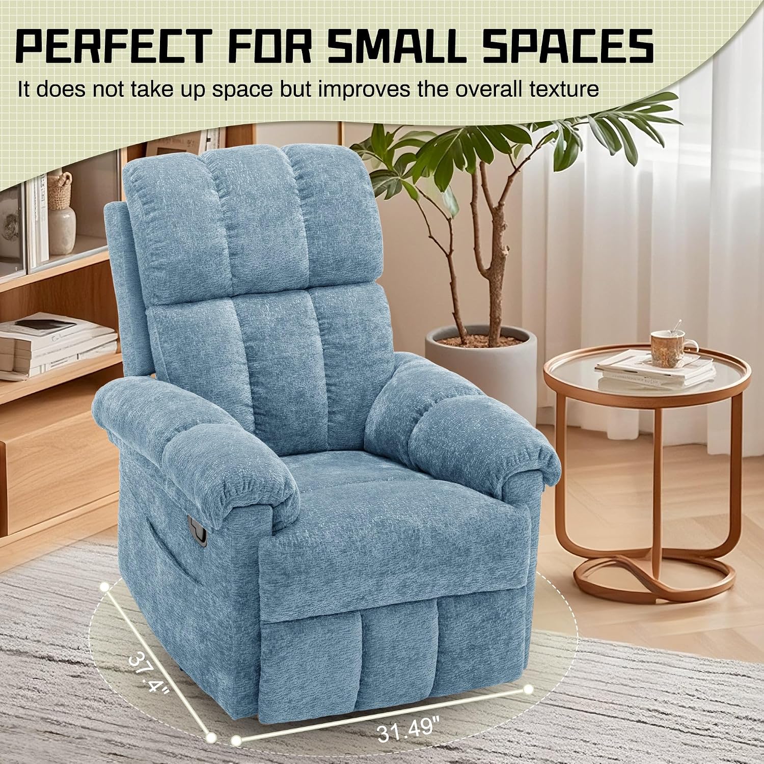 Korser Recliner Chair, Swivel Rocker Recliner Chair for Adults, Small Recliners for Small Spaces, Manual Recliner Chair with Side Pockets, Nursery Rocking Chair for Living Room, Chenille, Airy Blue