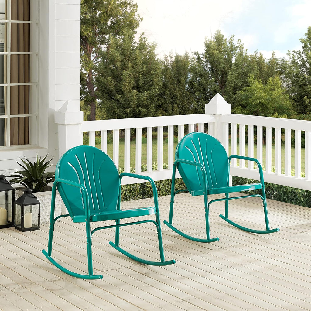 Crosley Furniture Griffith Retro Metal Outdoor Rocking Chairs, Set of 2, for Porch, Deck, Balcony, Backyard, Turquoise Gloss