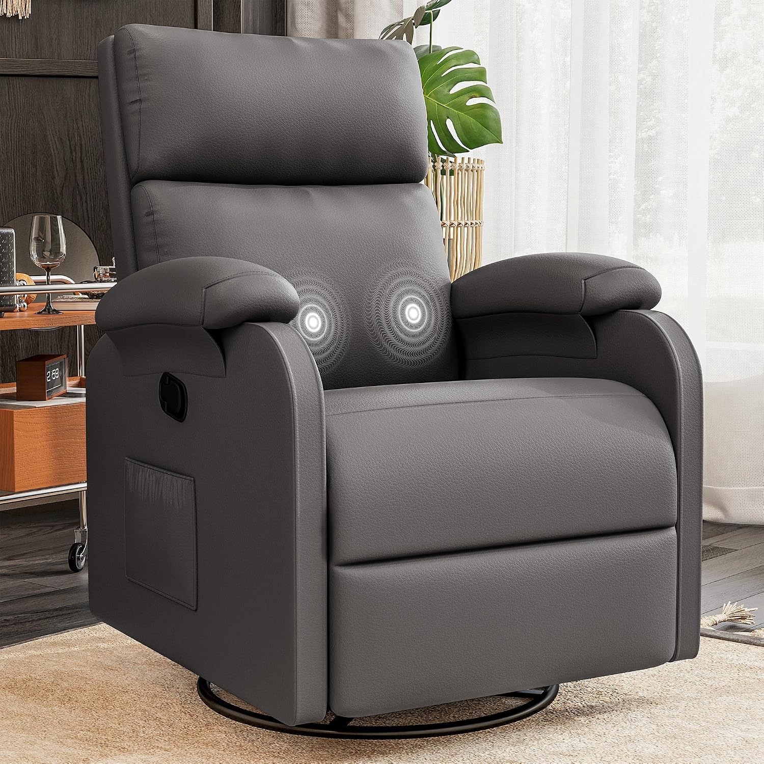 Homall Recliner Chair, 360 Swivel Rocking Chair for Adults, Massage Nursery Chair with Adjustable Backrest and Footrest, PU Leather Glider Rocker Recliners with Side Pocket for Living Room (Grey)