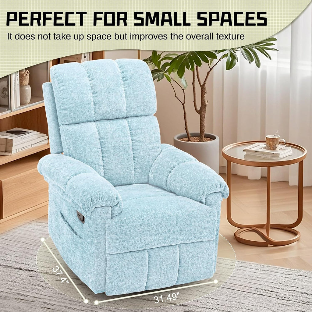 Korser Recliner Chair, Swivel Rocker Recliner Chair for Adults, Small Recliners for Small Spaces, Manual Recliner with Side Pockets, Upholstered Nursery Rocking Chair for Living Room, Chenille, Blue