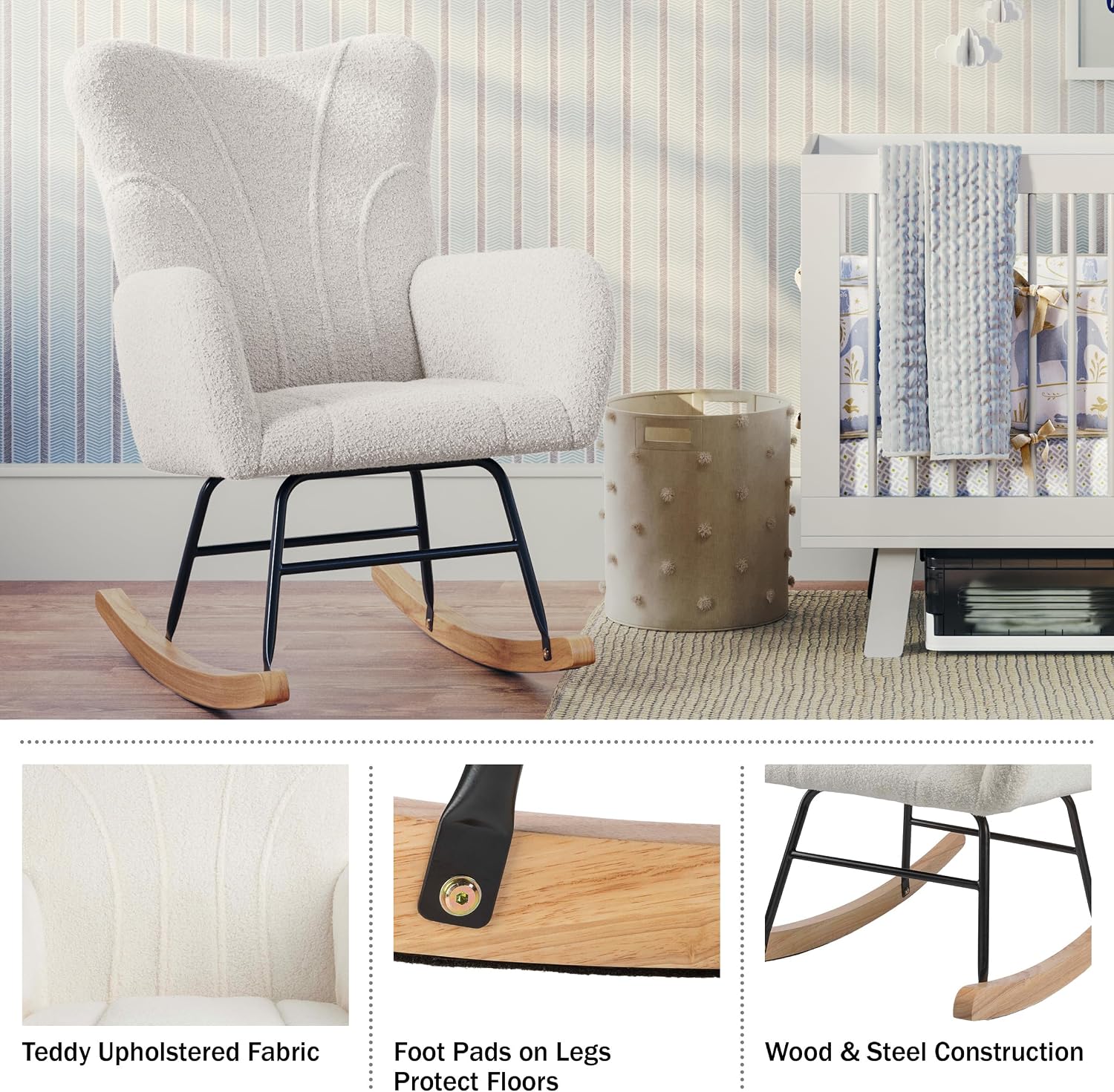 Rocking Chair - Teddy Fabric Upholstered Chair with Padded Seat and Contoured Armrests - Ergonomic Modern Rocker for Bedroom by Lavish Home (Cream)