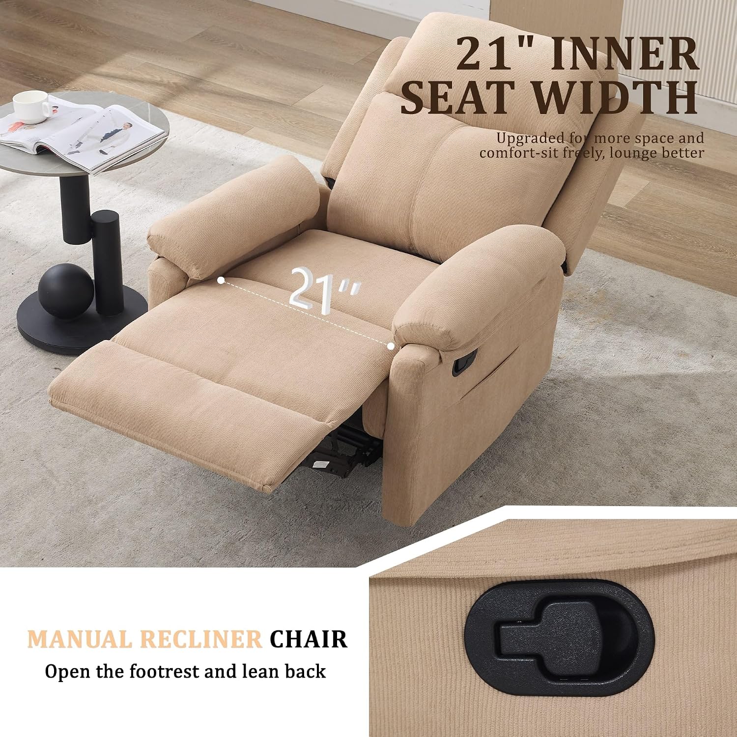 Korser Recliner Chairs, Small Recliners for Small Spaces, Manual Recliner for Adults with Side Pockets, Adjustable Overstuffed Comfy Corduroy Reclining Chair for Living Room, Bedroom, Reading, Khaki