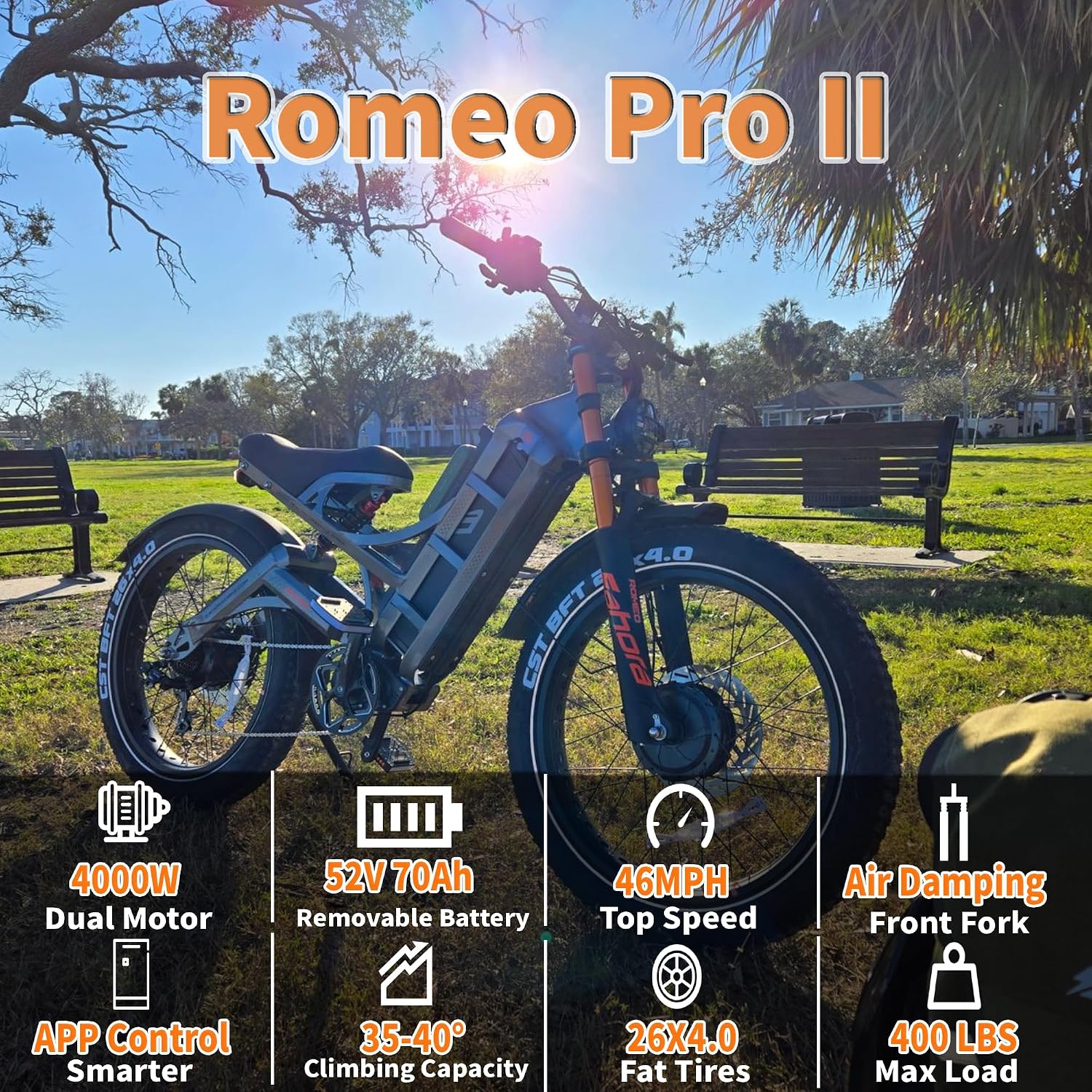 2026 eAhora Romeo Pro 3 Electric Bike for Adult, Peak 5600W Dual Motor, 50mph, 60V 80Ah Battery, 250 Miles Long Range, 26'*4.0 Fat Tire, Air Suspension, App, Commute, Delivery, All-terrian