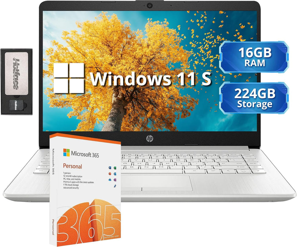 HP Stream 14' HD Lightweight Laptop, Intel Celeron N4120, 16GB RAM, 224GB Storage(64GB eMMC + 160GB Docking Station), Intel UHD Graphics, HD Webcam, 1 Year Office 365, WiFi, Bluetooth, Win 11s, Silver