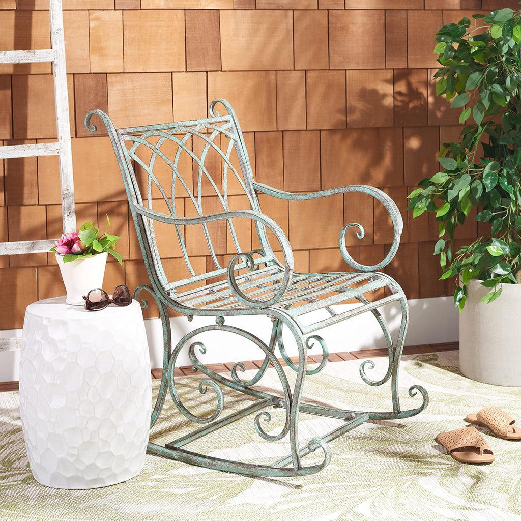 SAFAVIEH Outdoor - Medrano Iron Rocking Chair - Antique Dark Green Iron Metal - Vintage Ornate Scrollwork Design - Ideal for Patio, Deck, Porch, Garden, 15' Seat Height (PAT5030D)