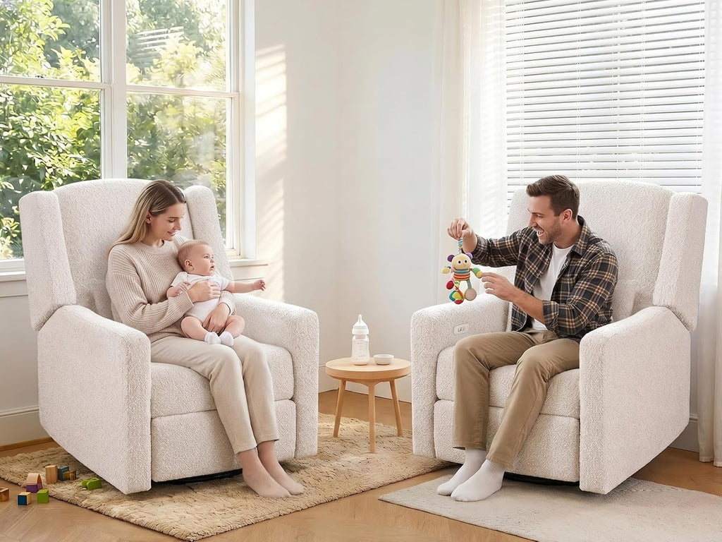 Power Nursery Rocking Chairs Set of 2, Skin-Friendly Teddy Fabric Nursery Recliner Chair Swivel Gilder, Power Nursing Chair for Adults with Waist Pillow, USB Charging,Beige