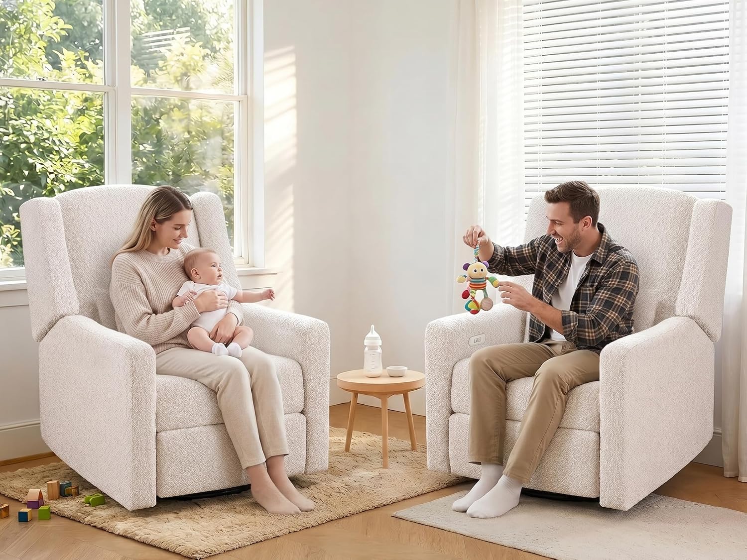 Power Nursery Rocking Chairs Set of 2, Skin-Friendly Teddy Fabric Nursery Recliner Chair Swivel Gilder, Power Nursing Chair for Adults with Waist Pillow, USB Charging,Beige