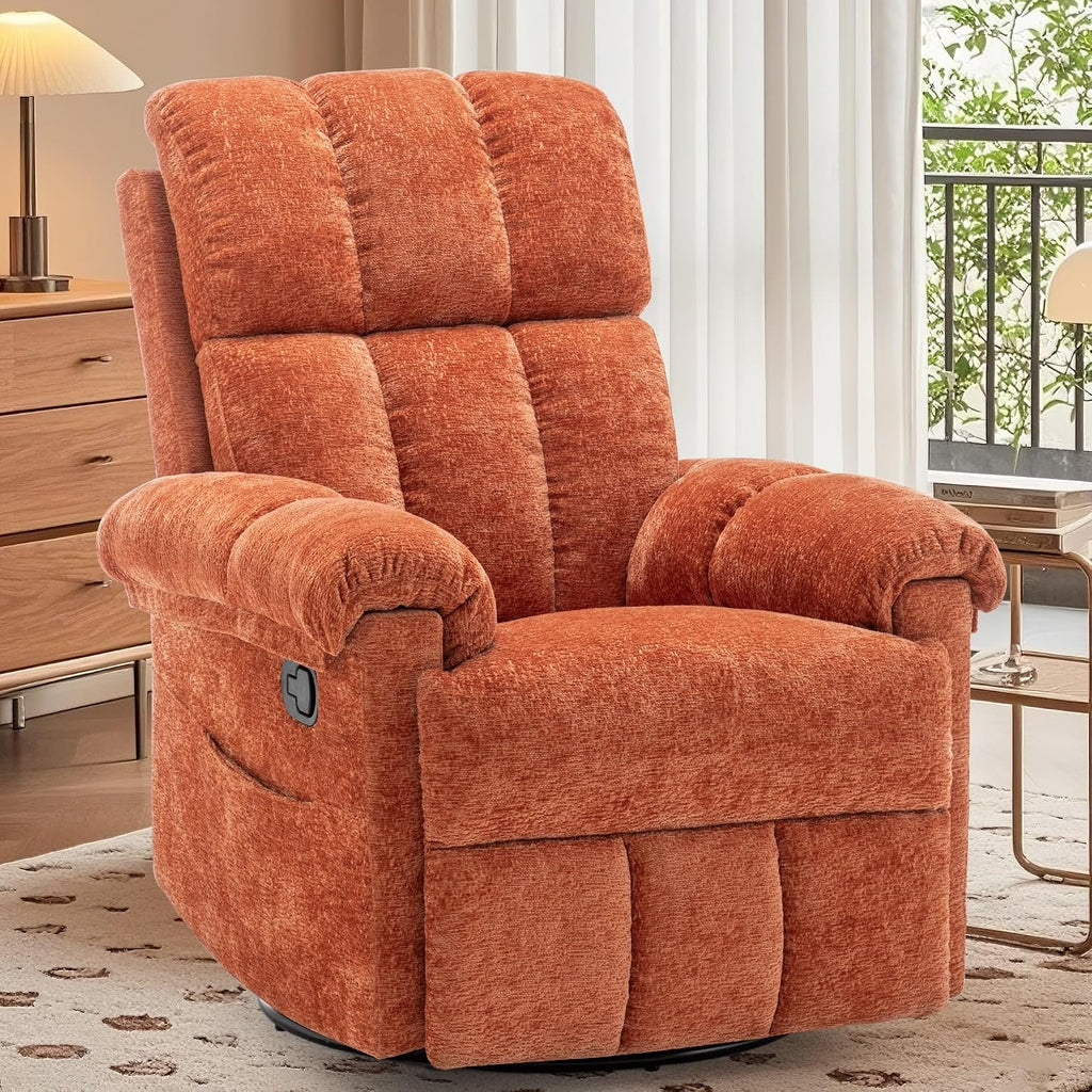 Korser Recliner Chair, Swivel Rocker Recliner Chair for Adults, Small Recliners for Small Spaces, Manual Recliner with Side Pockets, Upholstered Nursery Rocking Chair for Living Room, Chenille, Orange