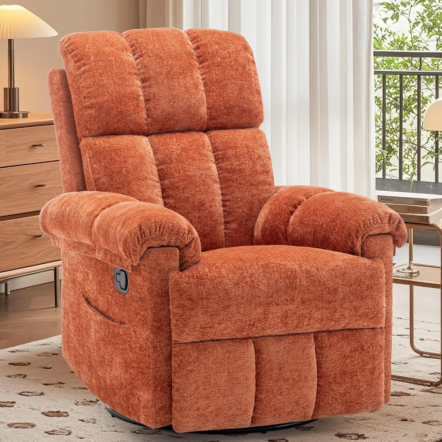 Korser Recliner Chair, Swivel Rocker Recliner Chair for Adults, Small Recliners for Small Spaces, Manual Recliner with Side Pockets, Upholstered Nursery Rocking Chair for Living Room, Chenille, Orange