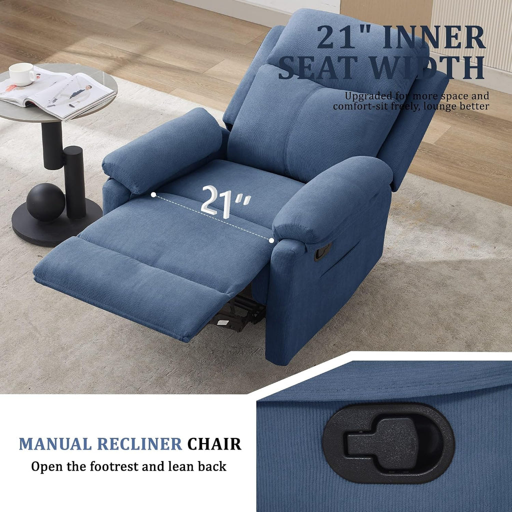 Korser Recliner Chair, Manual Recliner for Adults with Side Pocket, Small Recliners for Small Spaces, Adjustable Comfy Overstuffed Corduroy Reclining Chairs for Living Room, Reading, Bedroom, Blue
